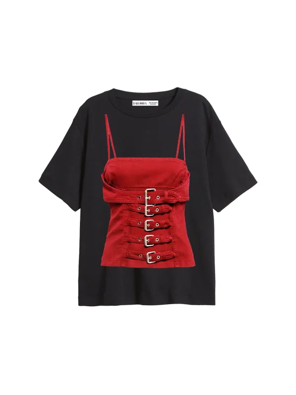 Red Bra Corset Baskılı Relaxed Fit Siyah Kadın Tshirt