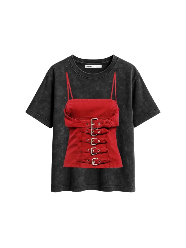 Red Bra Corset Baskılı Relaxed Fit Yıkamalı Siyah Kadın Tshirt