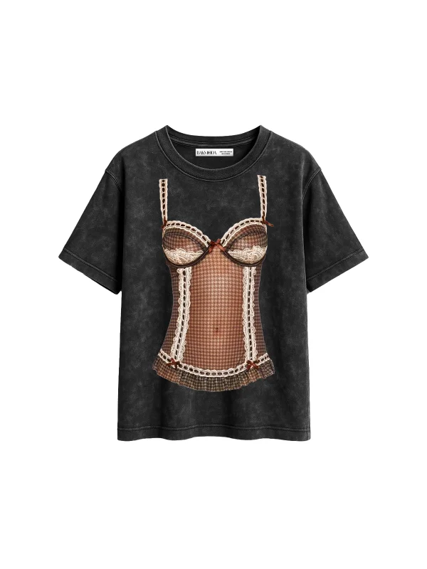 NKD Baskılı Relaxed Fit Yıkamalı Siyah Kadın Tshirt