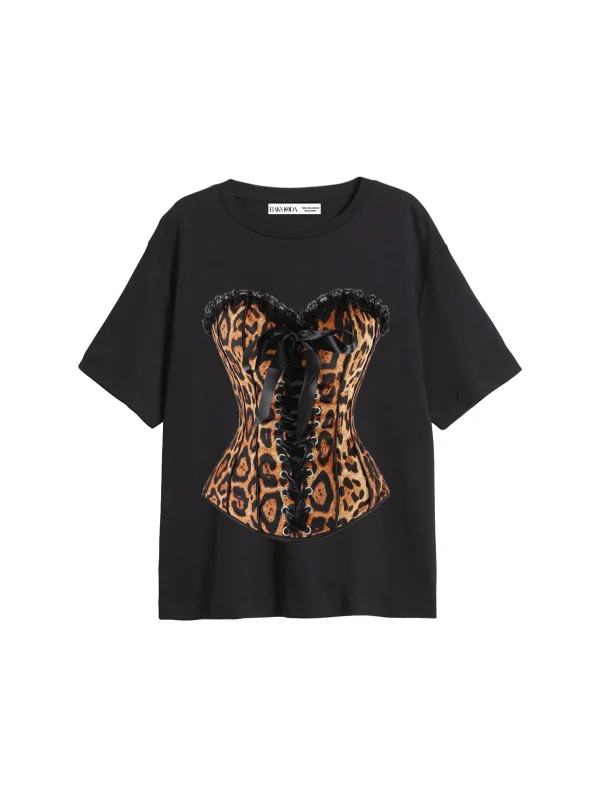 Leopard Corset Baskılı Relaxed Fit Siyah Kadın Tshirt