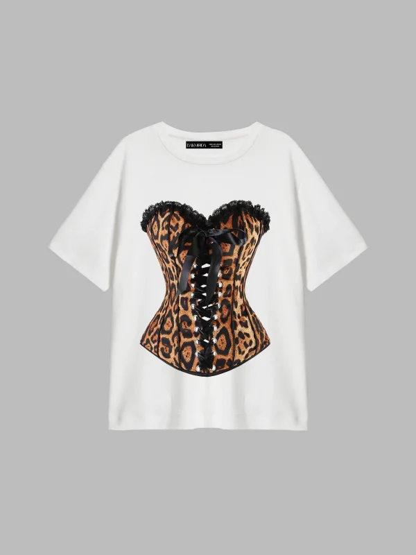 Leopard Corset Baskılı Relaxed Fit Beyaz Kadın Tshirt