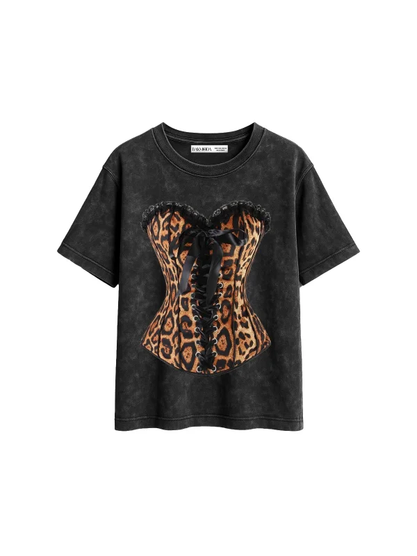 Leopard Corset Baskılı Relaxed Fit Yıkamalı Siyah Kadın Tshirt