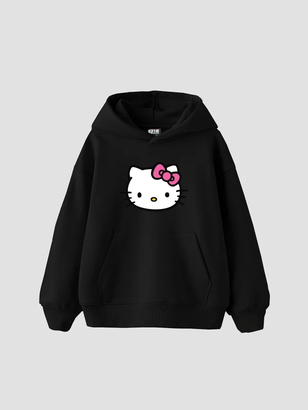 Cute Kitty Baskılı Oversize Unisex Siyah Hoodie