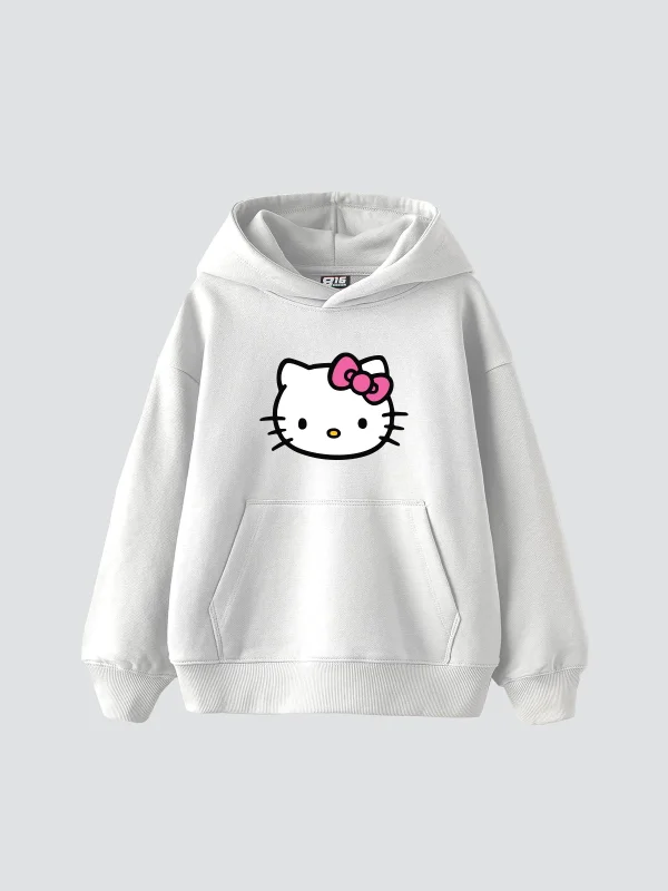 Cute Kitty Baskılı Oversize Unisex Beyaz Hoodie