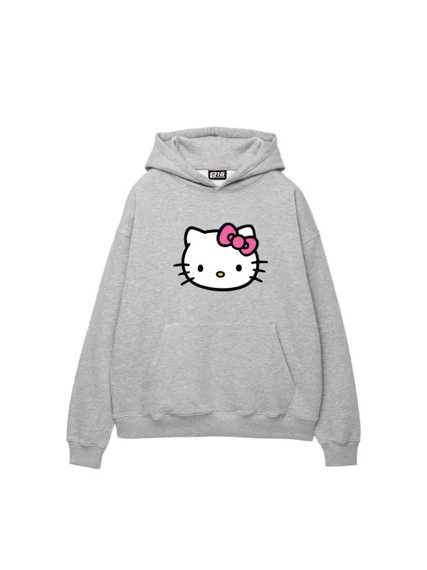 Cute Kitty Baskılı Oversize Unisex Açık Gri Hoodie
