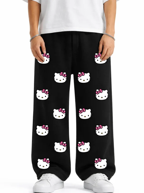 Premium Cute Kitties Wide Leg Erkek Siyah Eşofman Altı