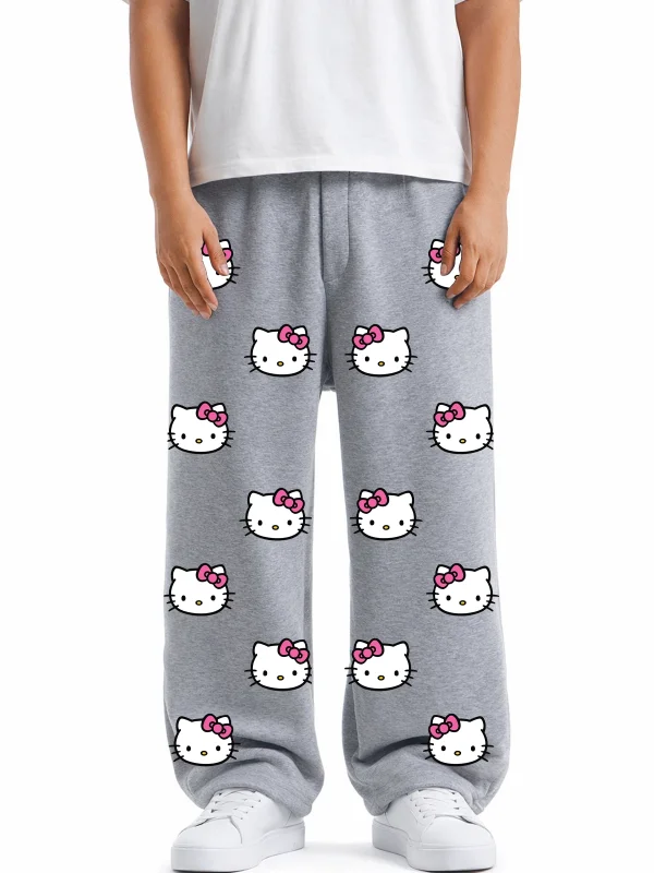 Premium Cute Kitties Wide Leg Erkek Gri Eşofman Altı