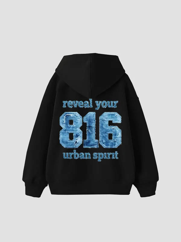 816 Urban Spirit Baskılı Oversize Unisex Siyah Hoodie