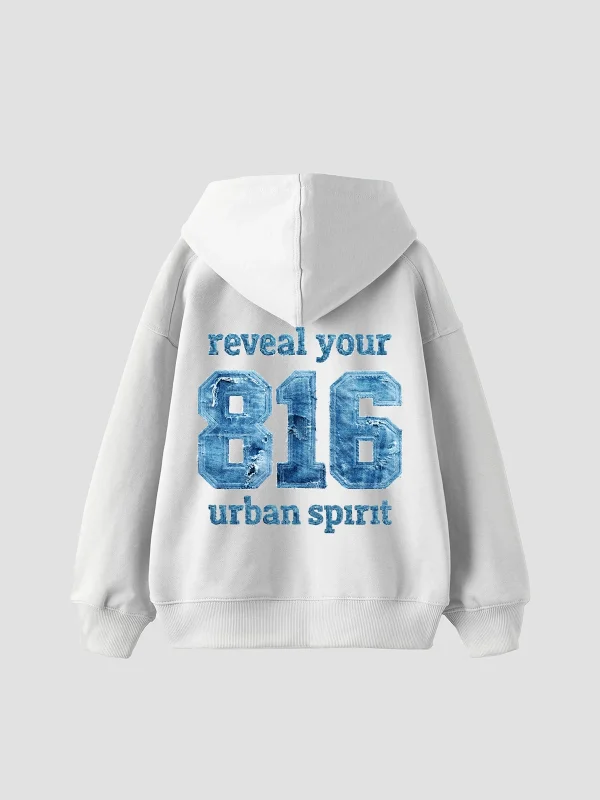 816 Urban Spirit Baskılı Oversize Unisex Beyaz Hoodie