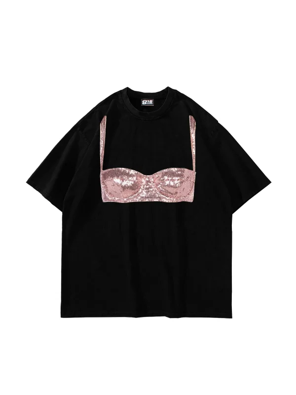 Disco Bralet Baskılı Oversize Unisex Siyah Tshirt