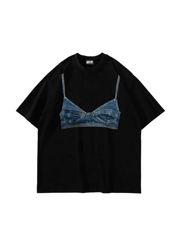 Denim Bra Baskılı Oversize Unisex Siyah Tshirt