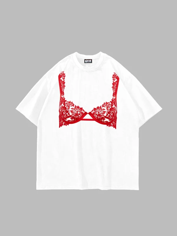 Red Bra Baskılı Oversize Unisex Beyaz Tshirt