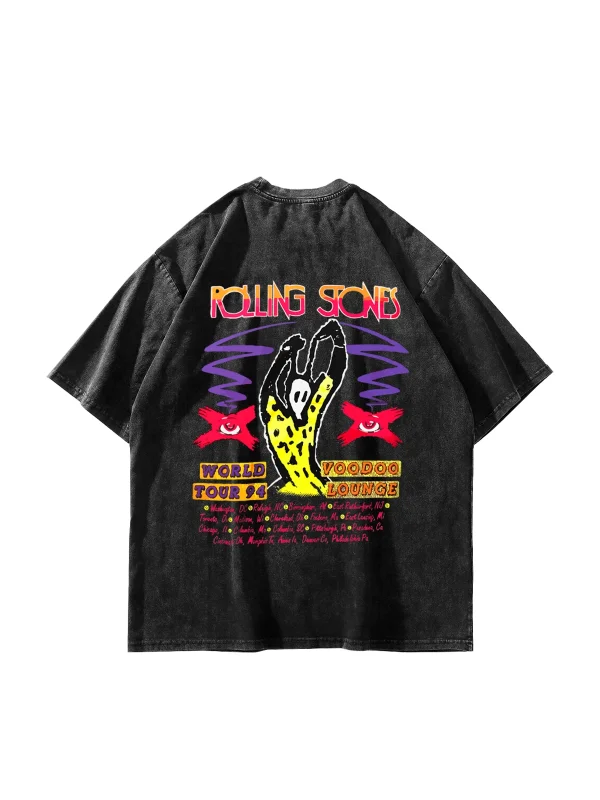 Rolling Stones Voodo Lounge Baskılı Oversize Unisex Yıkamalı Siyah Tshirt