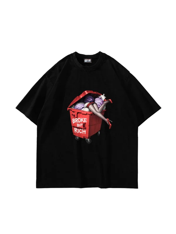 Broke But Rich Baskılı Oversize Unisex Siyah Tshirt