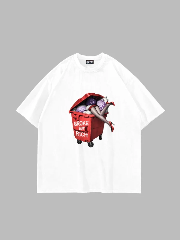 Broke But Rich Baskılı Oversize Unisex Beyaz Tshirt