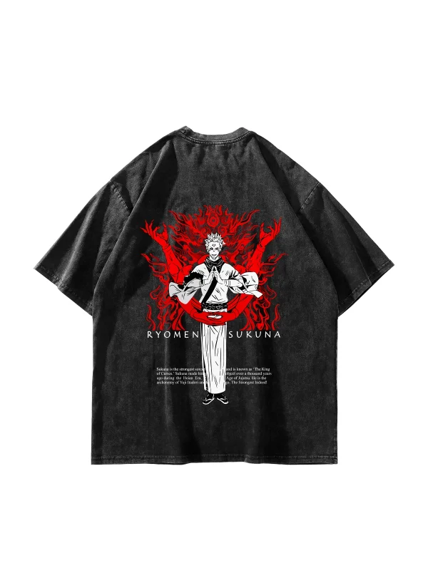 Ryomen Sukuna Baskılı Oversize Unisex Yıkamalı Siyah Tshirt
