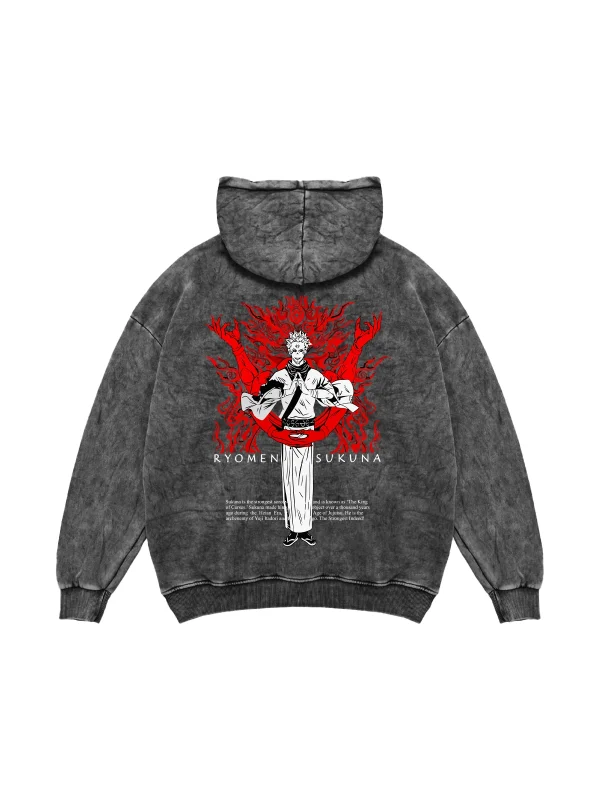Ryomen Sukuna Baskılı Oversize Unisex Yıkamalı Siyah Hoodie