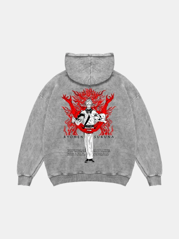 Ryomen Sukuna Baskılı Oversize Unisex Yıkamalı Beyaz Hoodie