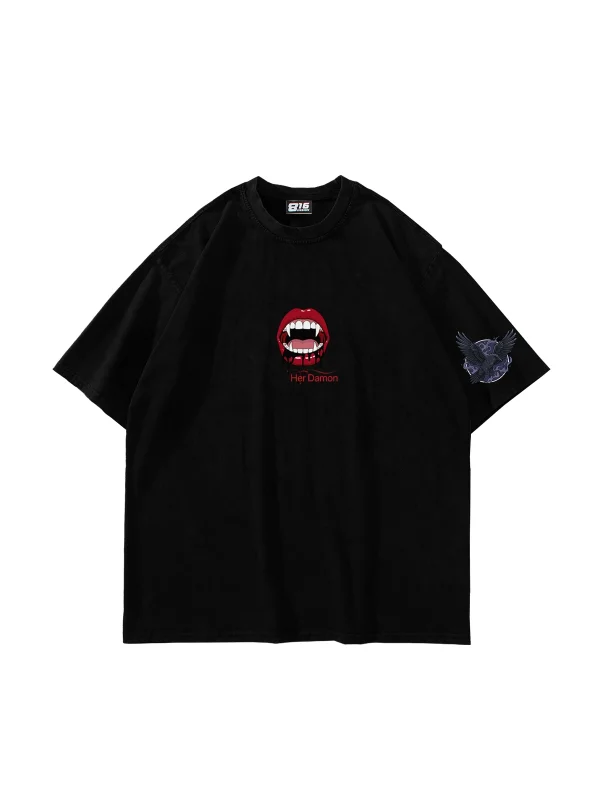 Her Damon Baskılı Oversize Unisex Siyah Tshirt