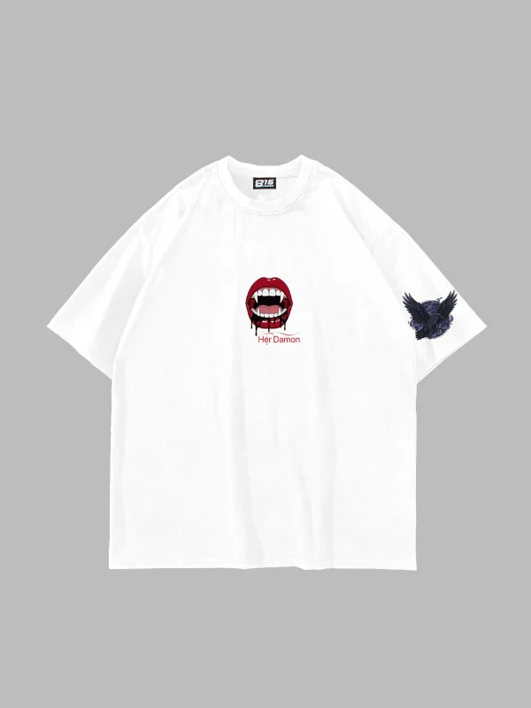 Her Damon Baskılı Oversize Unisex Beyaz Tshirt