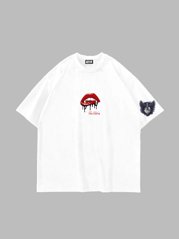 His Elena Baskılı Oversize Unisex Beyaz Tshirt