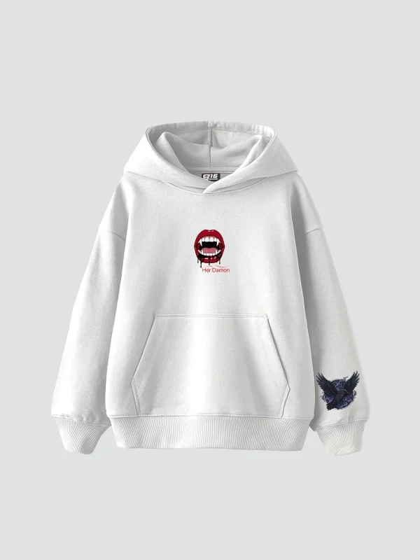 Her Damon Baskılı Oversize Unisex Beyaz Hoodie