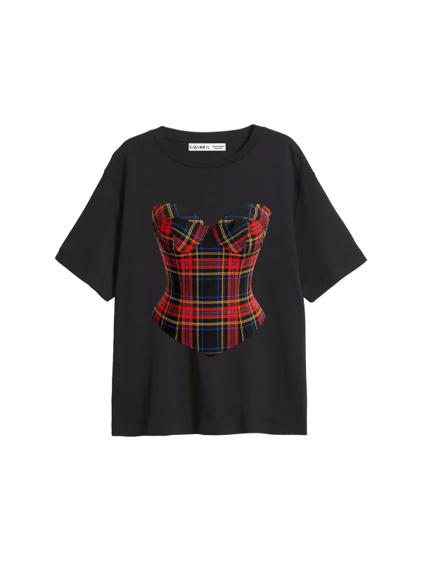 Ekose Baskılı Relaxed Fit Siyah Kadın Tshirt