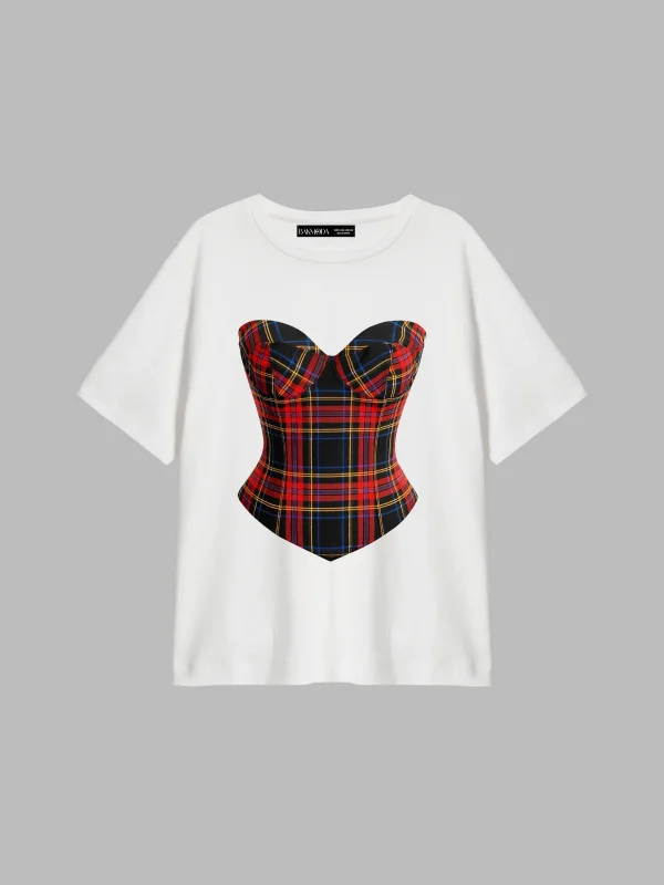 Ekose Baskılı Relaxed Fit Beyaz Kadın Tshirt