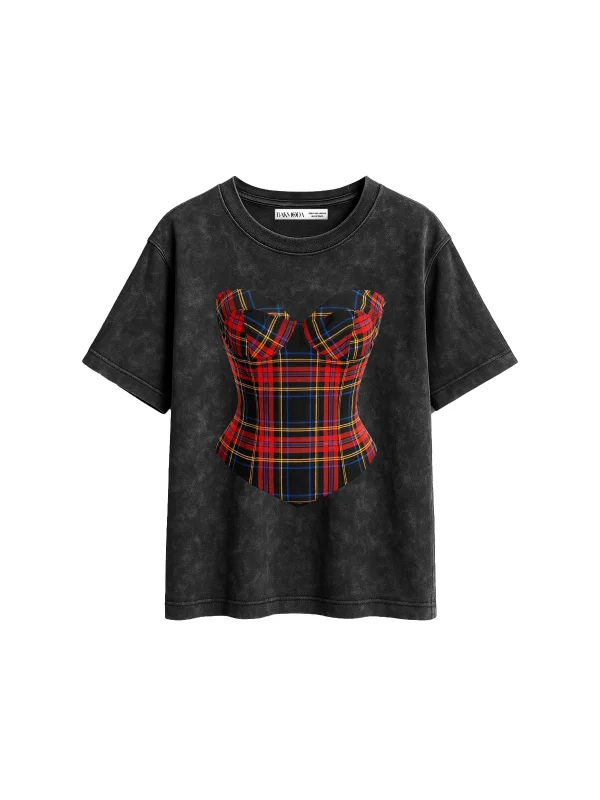 Ekose Baskılı Relaxed Fit Yıkamalı Siyah Kadın Tshirt