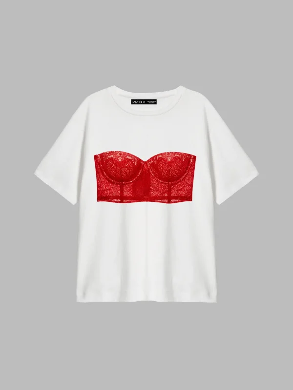 Lace Red Baskılı Relaxed Fit Beyaz Kadın Tshirt