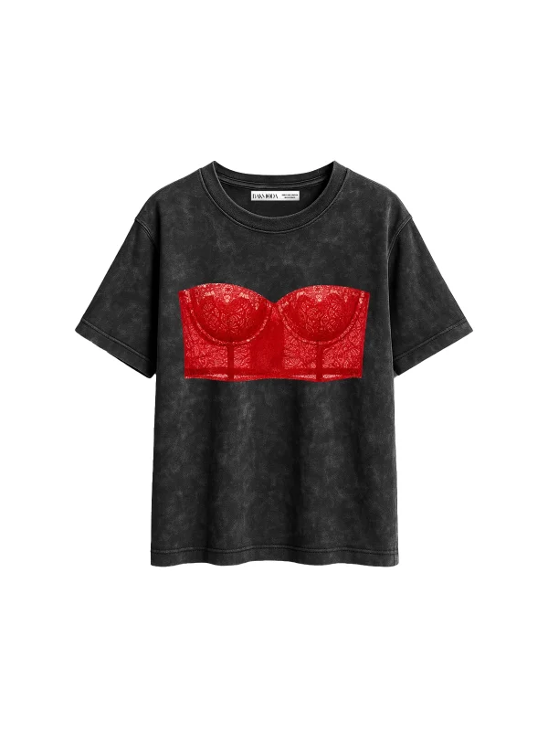 Lace Red Baskılı Relaxed Fit Yıkamalı Siyah Kadın Tshirt