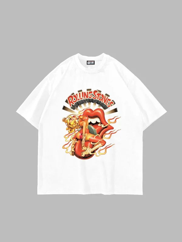 Rolling Hot Baskılı Oversize Unisex Beyaz Tshirt