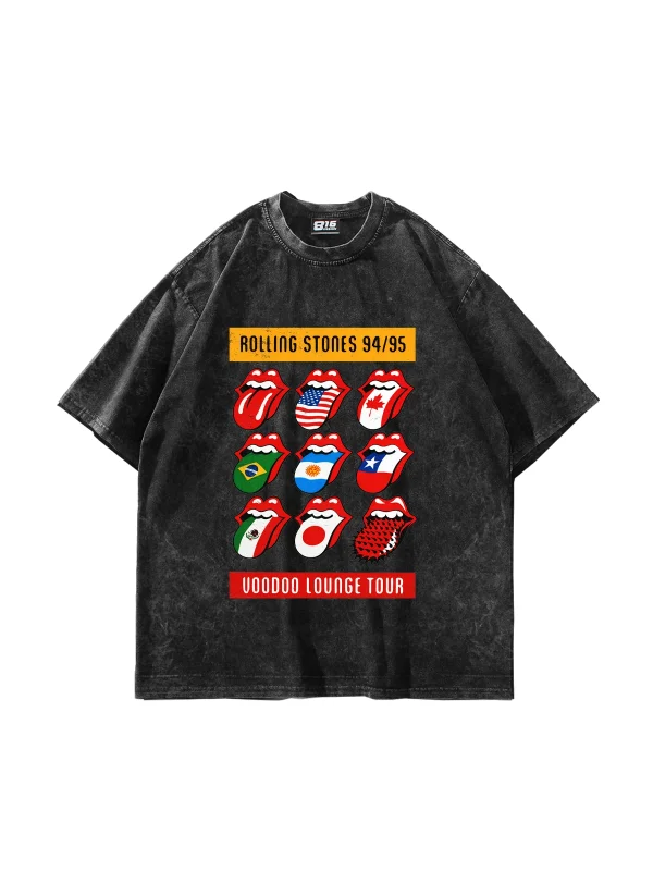 Rolling Stones Tour Baskılı Oversize Unisex Yıkamalı Siyah Tshirt