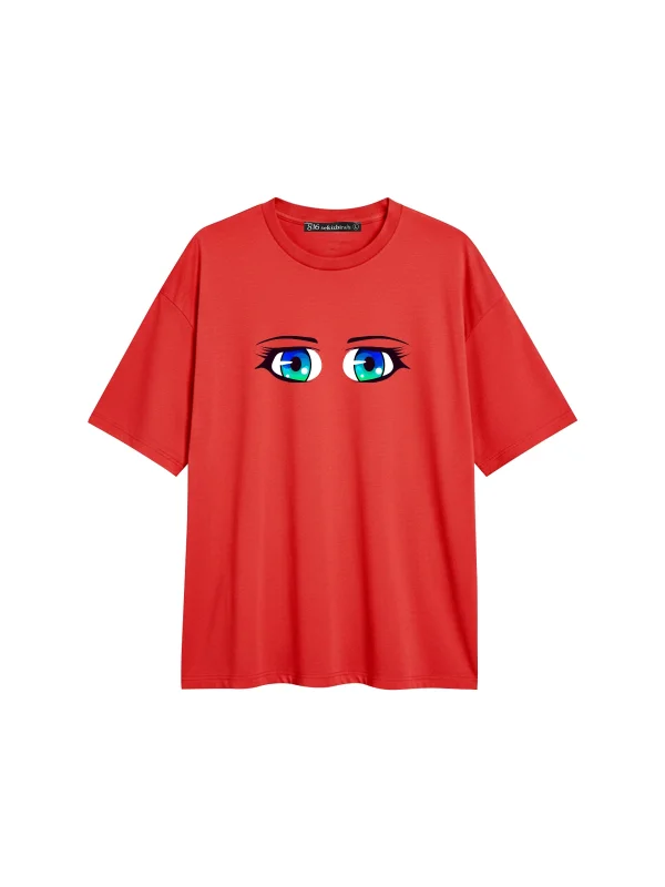 Manga Eye Baskılı Rahat Kalıp 30/1 Unisex Kırmızı Tshirt