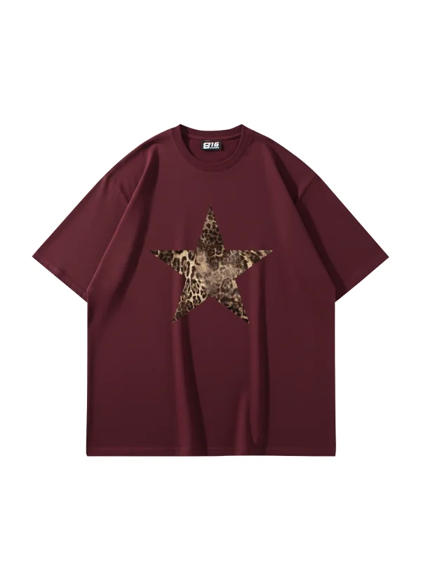 Starz Leopar Baskılı 24/1 Oversize Unisex Bordo Tshirt