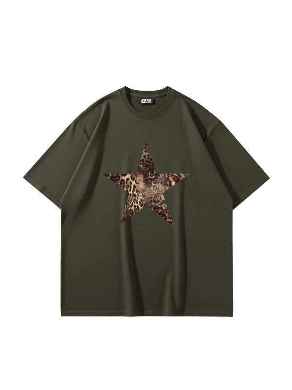 Starz Leopar Baskılı 24/1 Oversize Unisex Haki Tshirt