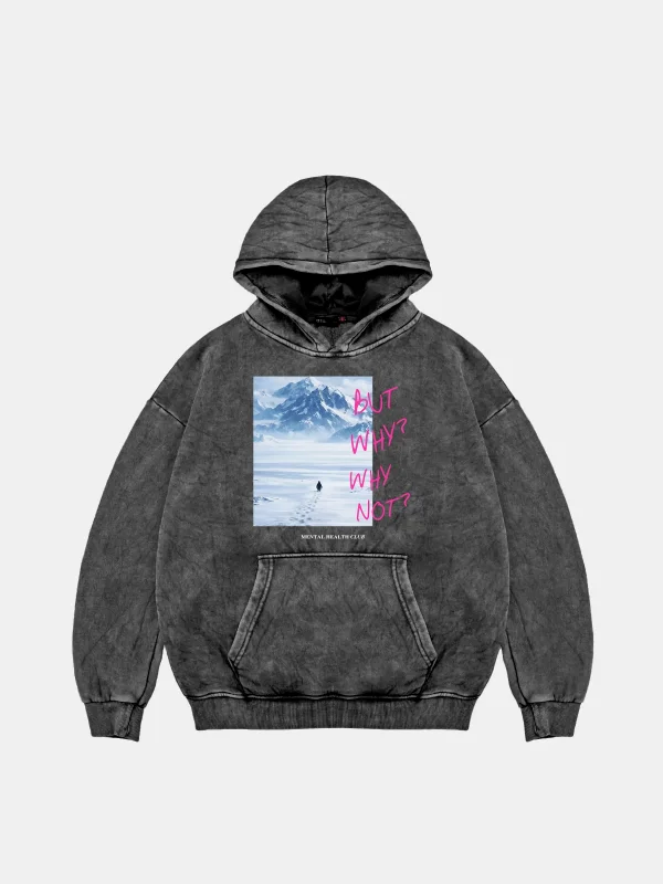 But Why Baskılı Oversize Unisex Yıkamalı Siyah Hoodie