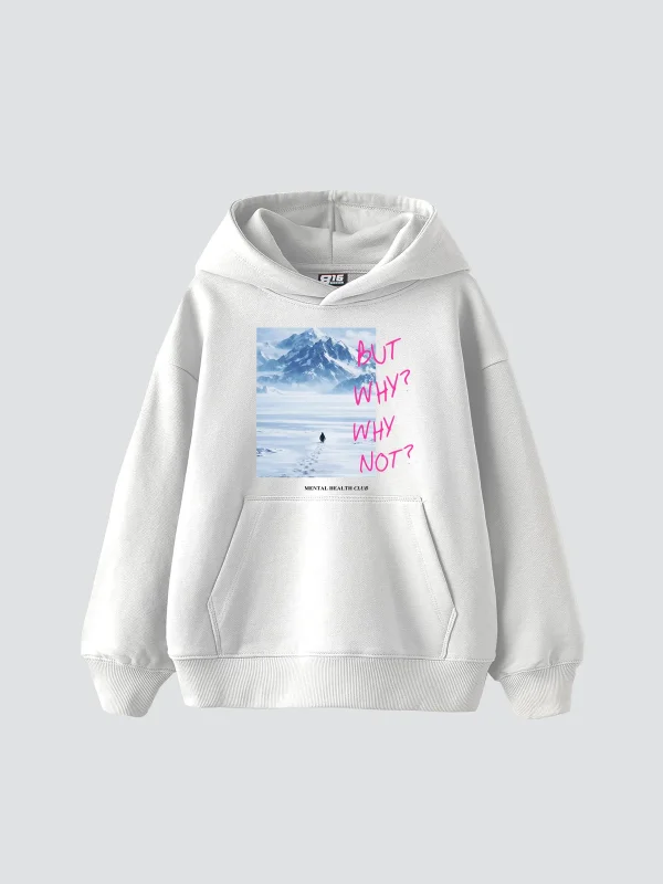 But Why Baskılı Oversize Unisex Beyaz Hoodie