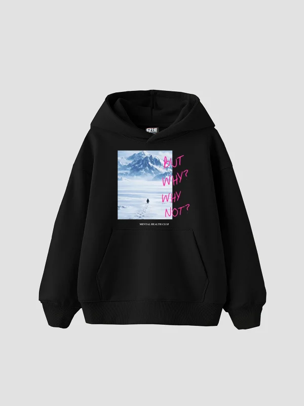 But Why Baskılı Oversize Unisex Siyah Hoodie