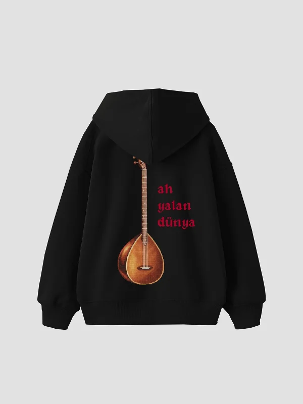 Ah Yalan Dünya Baskılı Oversize Unisex Siyah Hoodie