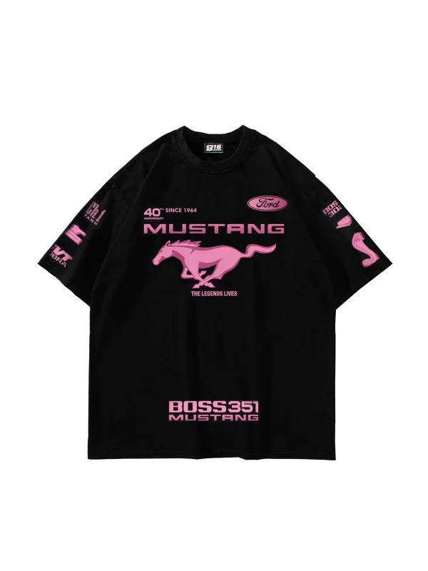 Mstng Baskılı Racing Oversize Unisex Siyah Tshirt
