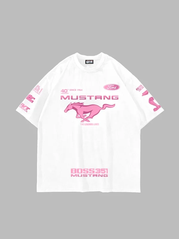 Mstng Baskılı Racing Oversize Unisex Beyaz Tshirt