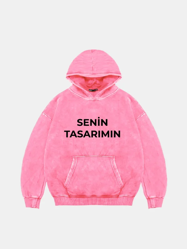 Özel Tasarım Basic Oversize Unisex Yıkamalı Pembe Hoodie