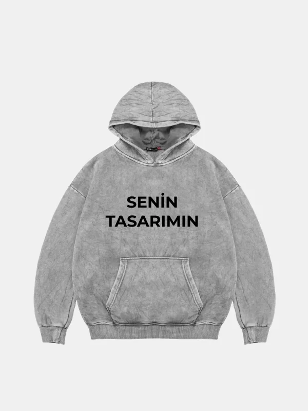 Özel Tasarım Yıkamalı Beyaz Basic Oversize Unisex Hoodie