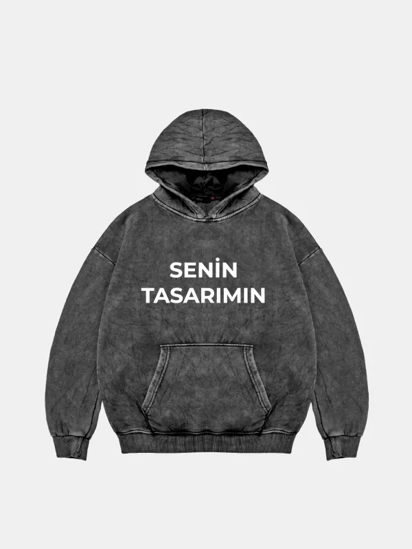 Özel Tasarım Yıkamalı Siyah Basic Oversize Unisex Hoodie