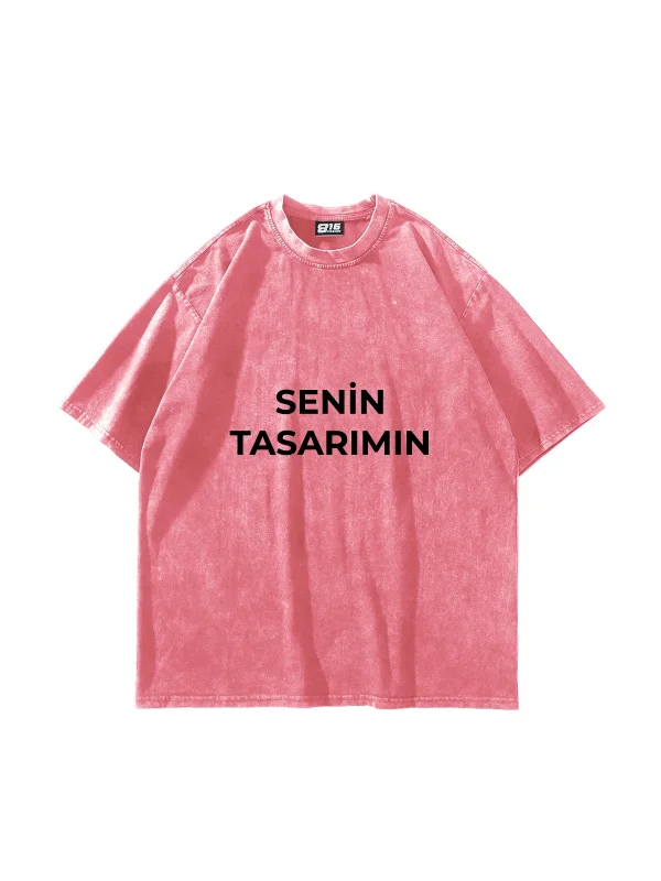 Özel Tasarım Yıkamalı Pembe Basic Oversize Unisex Tshirt