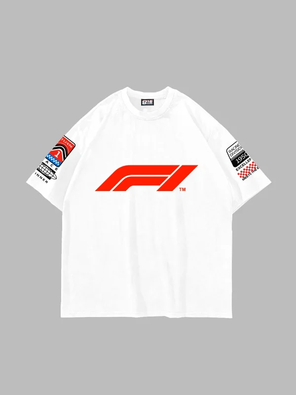 Race Baskılı Oversize Unisex Beyaz Tshirt