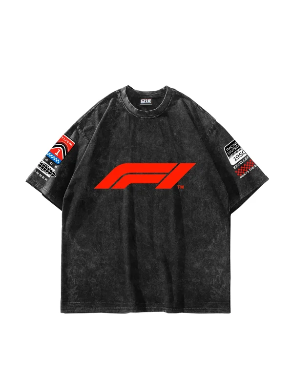 Race Baskılı Oversize Unisex Yıkamalı Siyah Tshirt