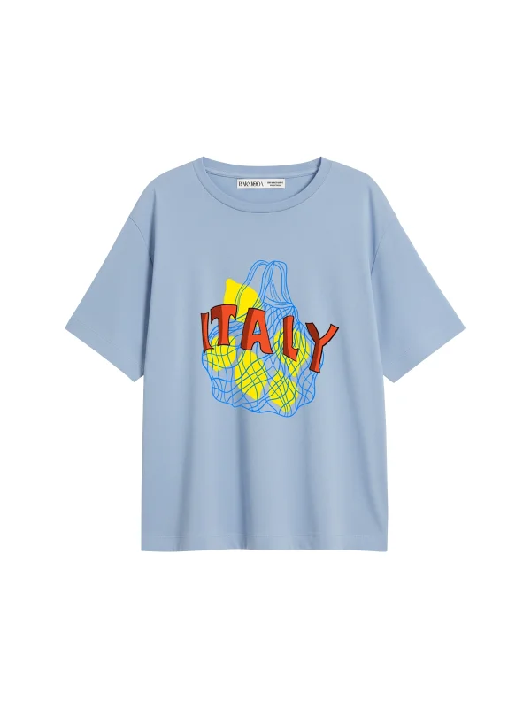 İtaly Lemon Baskılı Relaxed Fit Bebe Mavisi Kadın Tshirt