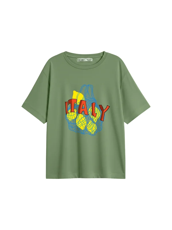 İtaly Lemon Baskılı Relaxed Fit Yeşil Kadın Tshirt